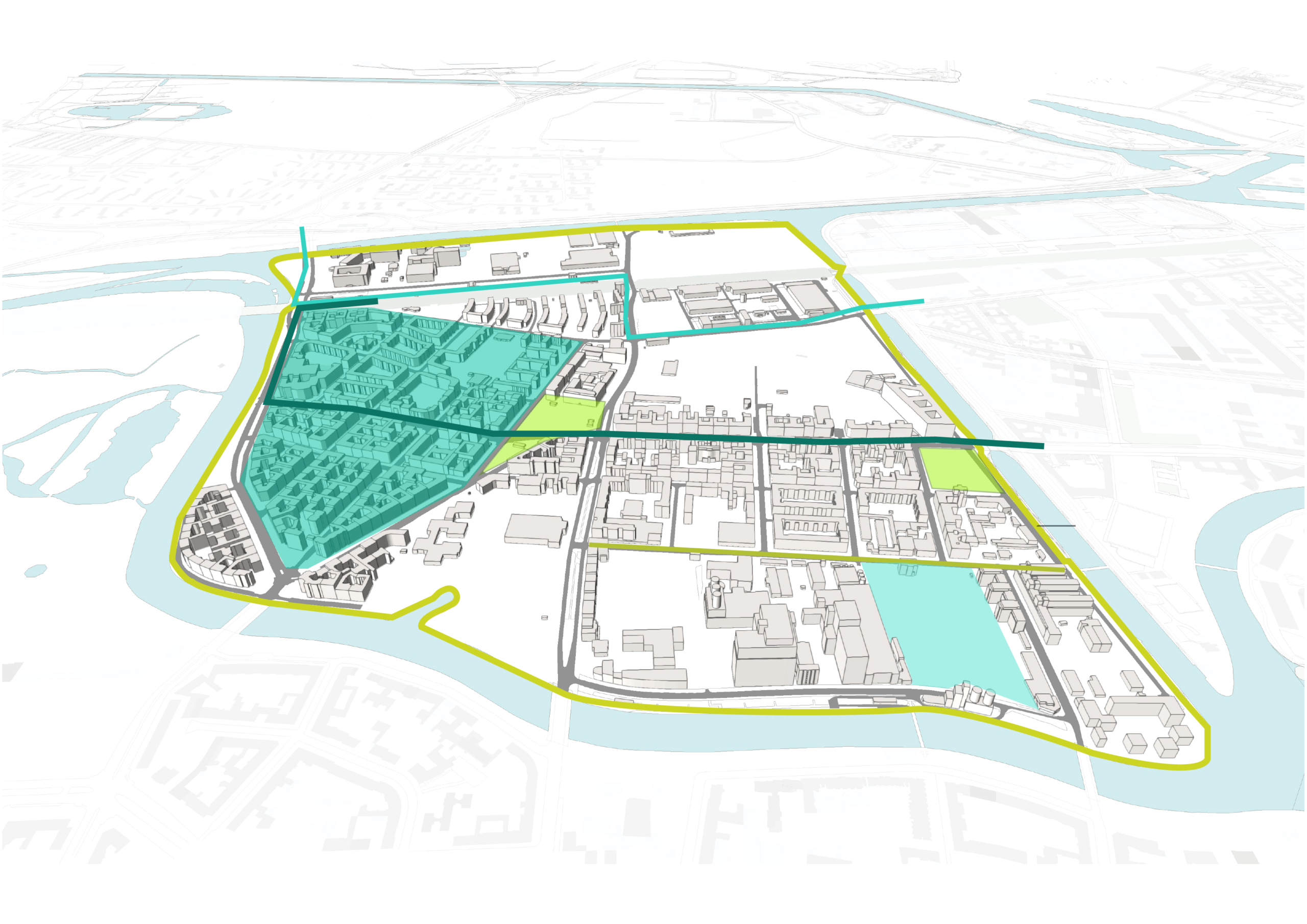 Die Grafik zeigt eine schematische Karte der Mierendorff-Insel in Berlin Insel-Projekt Berlin mit markierten Bereichen, Straßenverbindungen und Entwicklungsflächen. Die Darstellung dient der Visualisierung von Stadtentwicklungs- und Mobilitätskonzepten im Quartier.